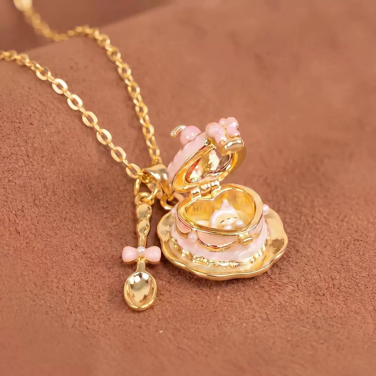 Openable Teacup Necklace | Sweet Enamel Teaspoon Pendant, 18K Gold Plated