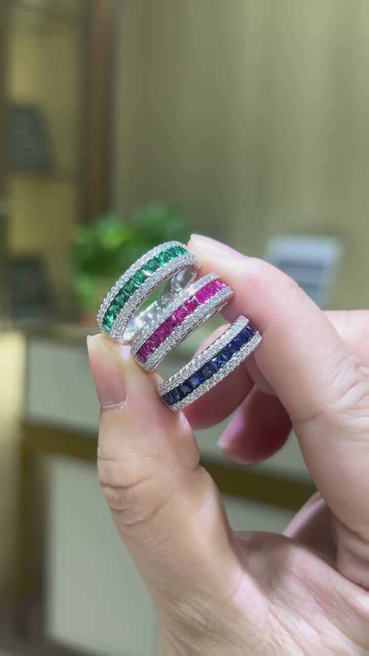 S925 Silver 18K White Gold Plated Coloured Gemstone Pavé Ring